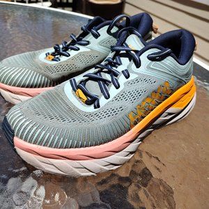 Hoka Bondi 7 women size 8.5 hazel blue with orange and pink trim running shoes